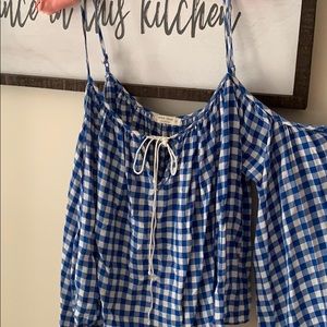 Blue gingham off the shoulder/ cold shoulder top!